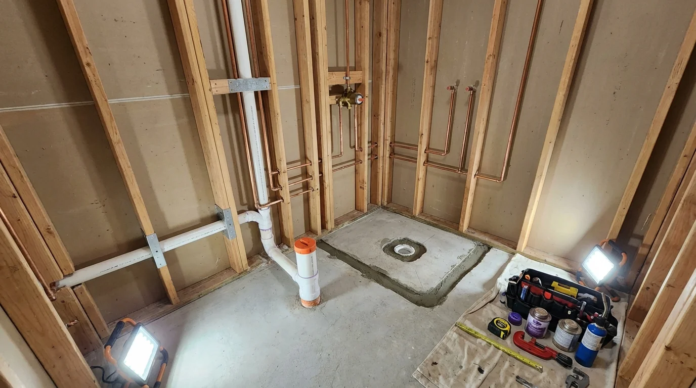 Bathroom rough-in plumbing during remodel by Johns Plumbing LLC in Lakehurst