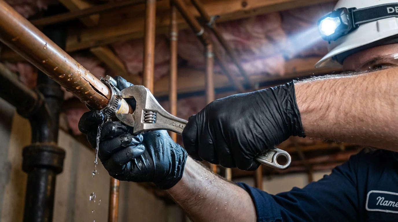 Emergency pipe clamp repair being performed by a Johns Plumbing LLC plumber in Lakehurst