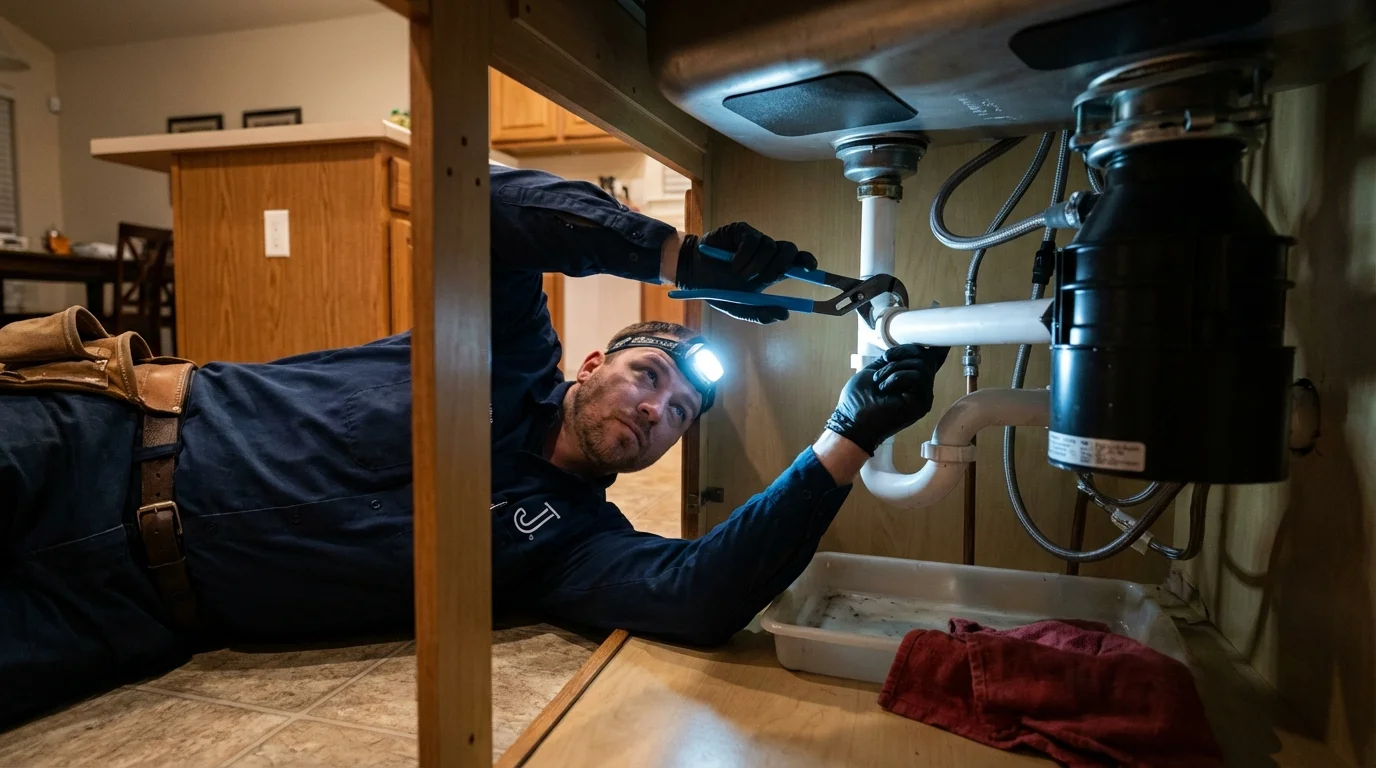 P-trap and supply line connections under a kitchen sink showing a common leak point in Lakehurst, NJ